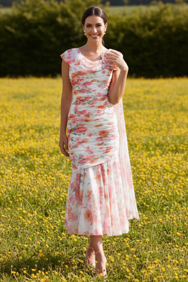 Floral Ruched Mermaid Midi Dress with Rosette
