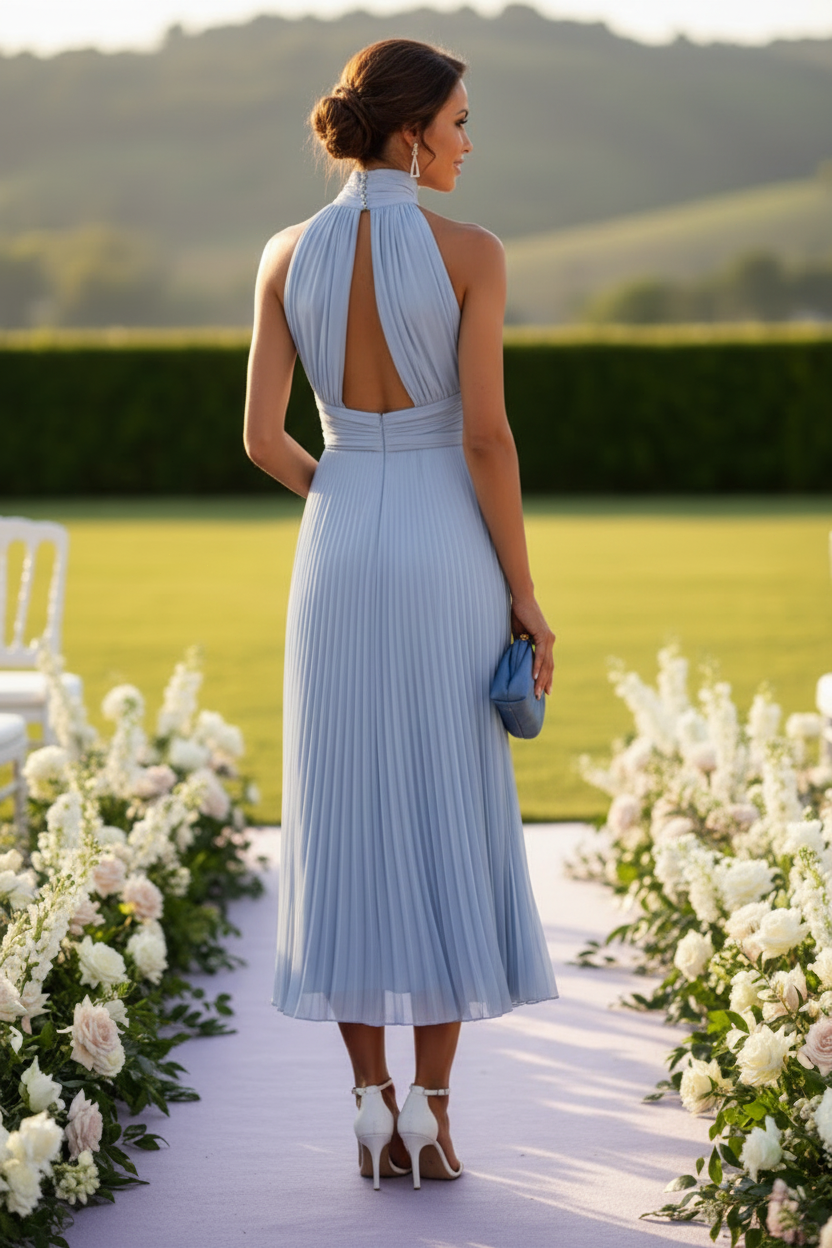 Pleated Halter Midi Dress with Ruched Waist