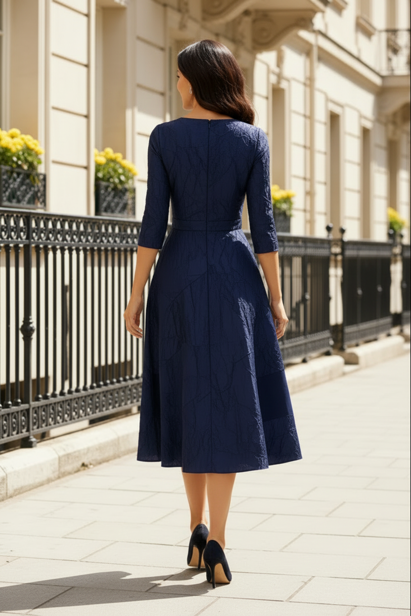 3/4 Sleeve Wrap Jacquard Midi Dress with V-Neck