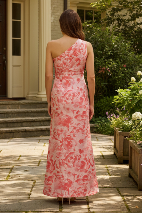 Floral One-Shoulder High Slit Evening Gown