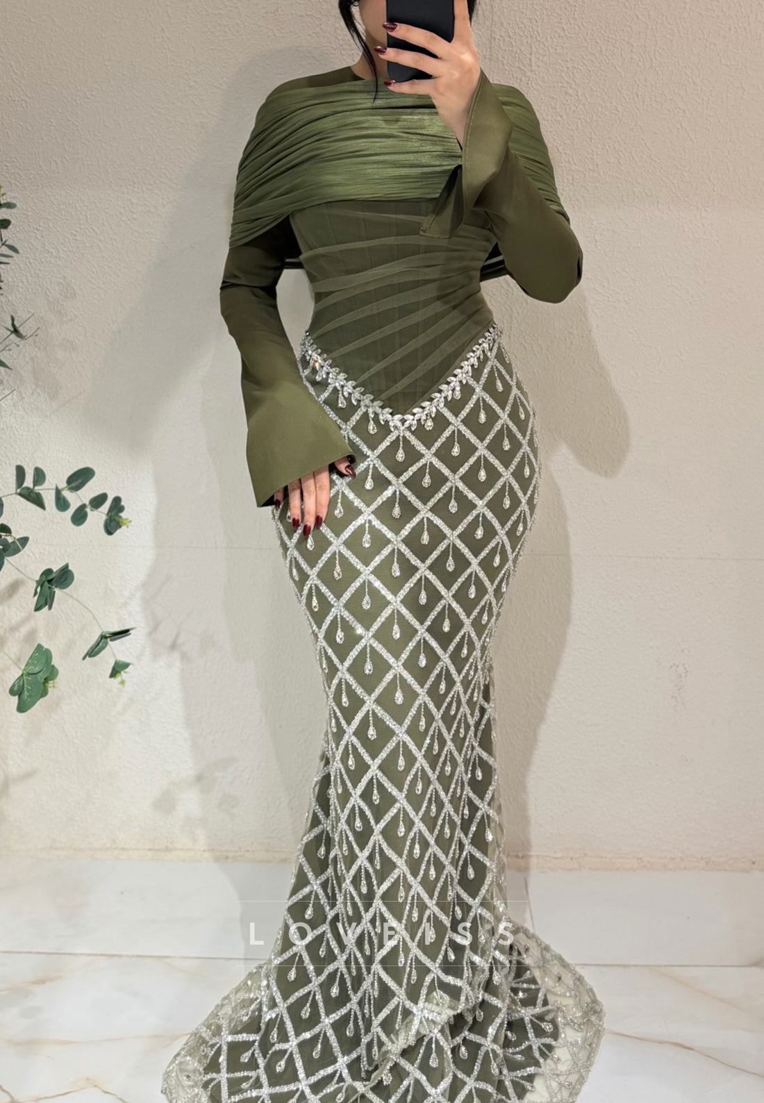 Embellished Lattice Mermaid Evening Dress with Cape