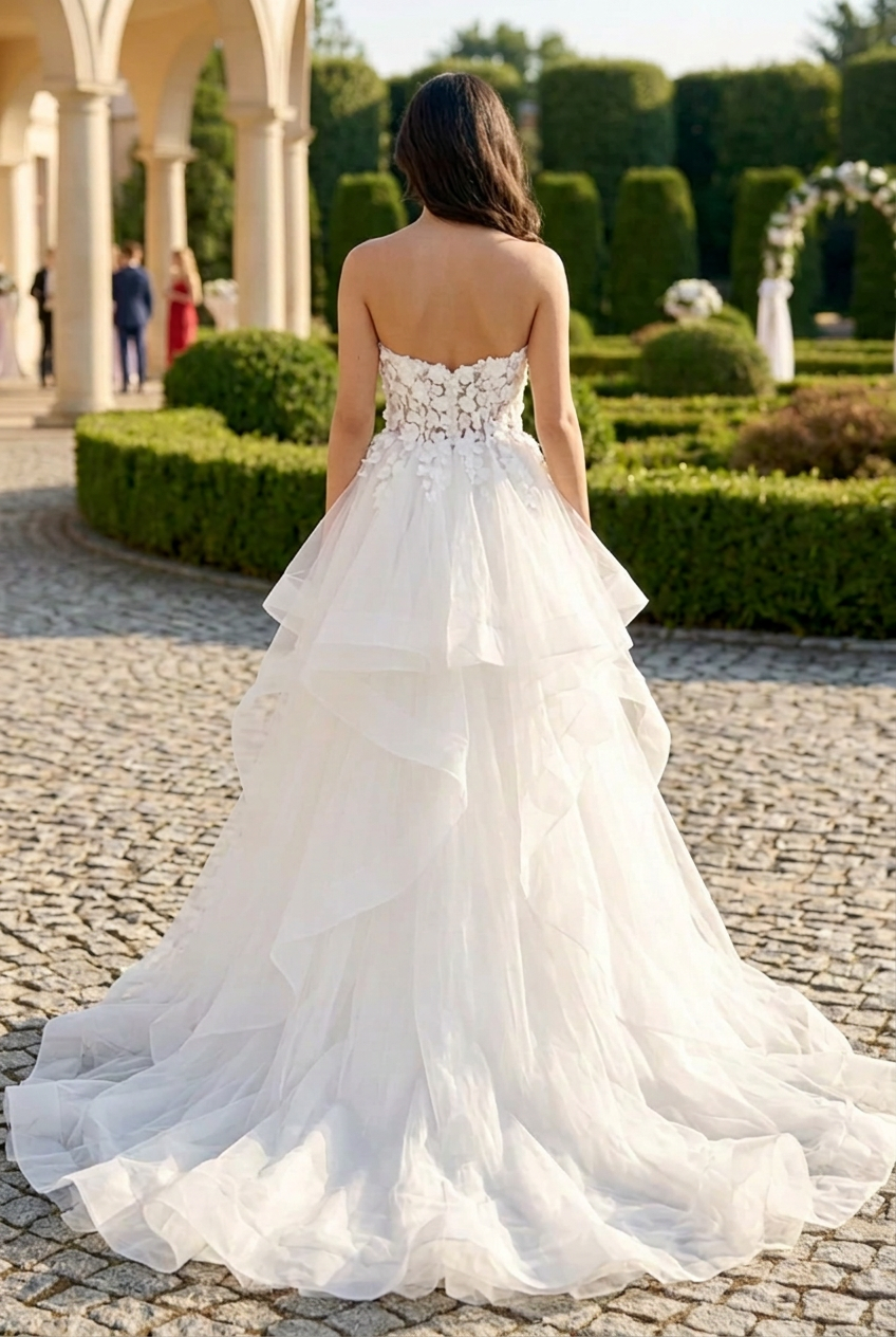 Strapless Beaded Bodice Cascading Ruffle Gown