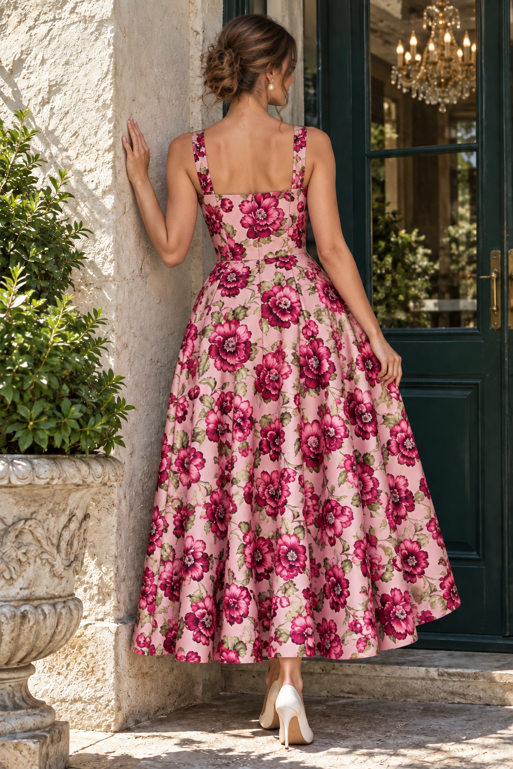 Floral Print Square Neck Midi A-Line Dress