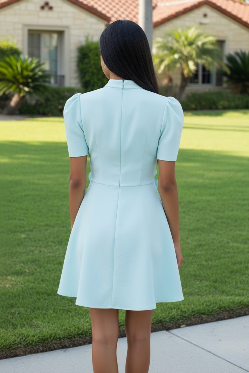 High-Neck Puff-Sleeve Mini Dress with 3D Florals