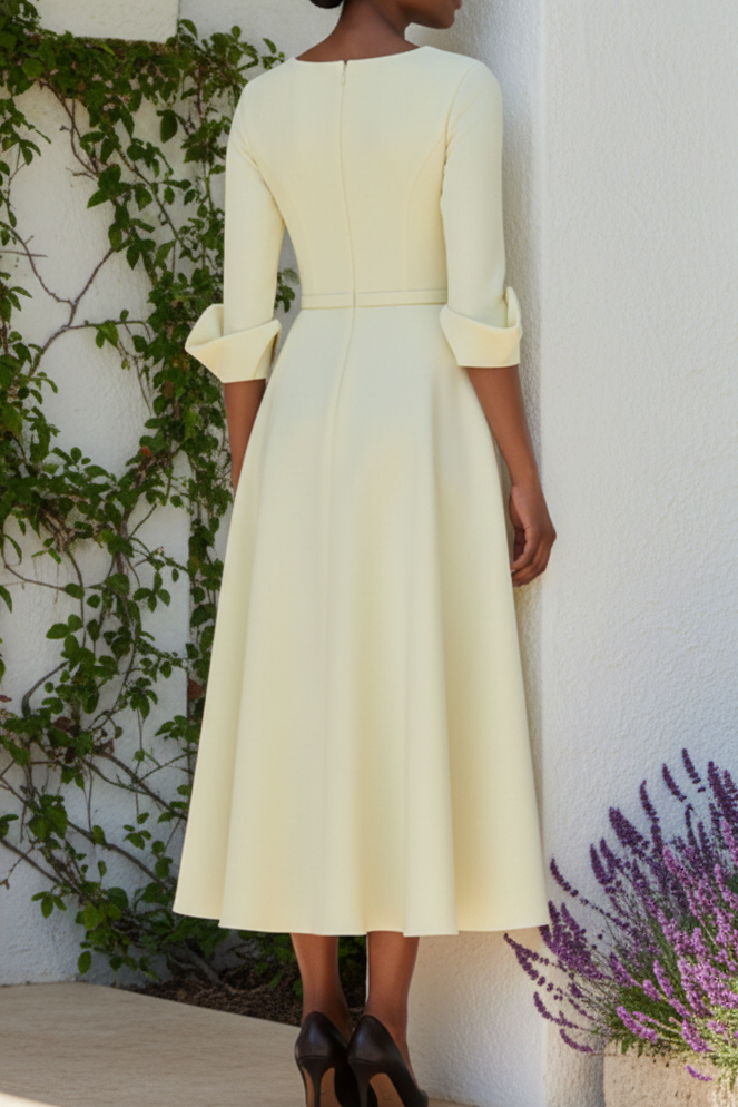 Square Neck Belted Midi Dress with Statement Cuffs