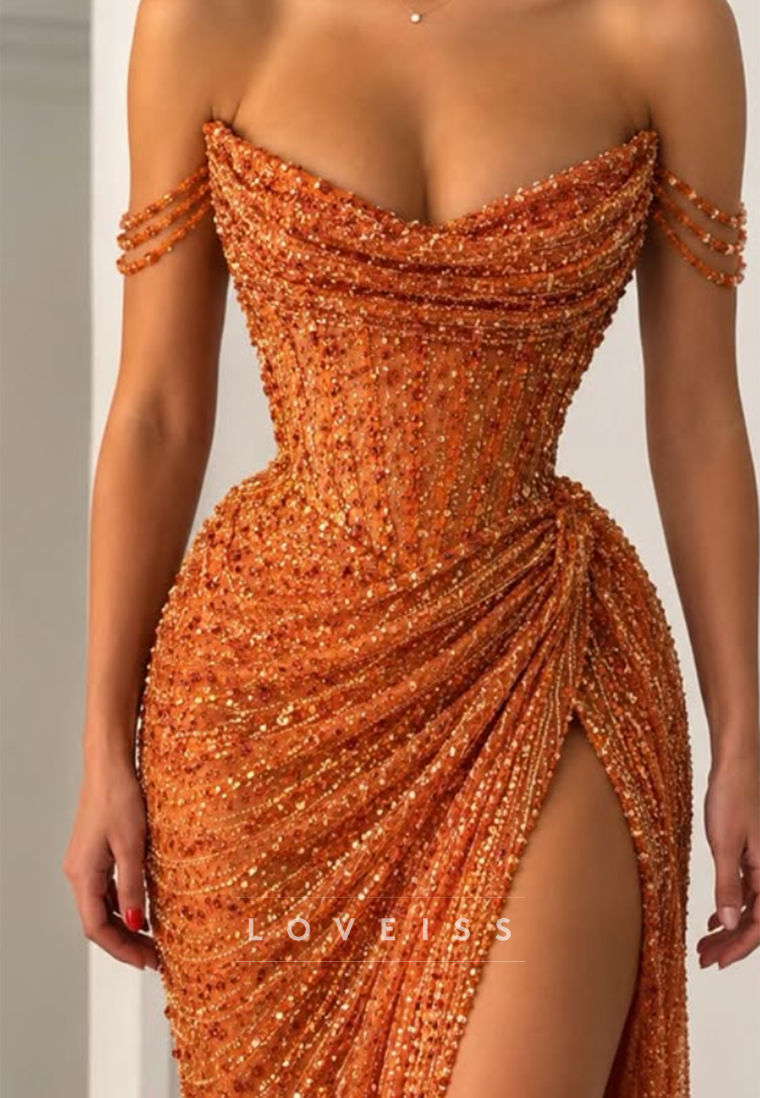 Beaded Corset Evening Gown with High Slit