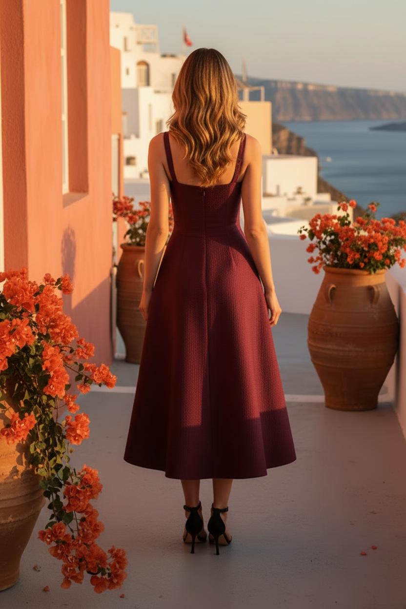 Square Neck Jacquard Midi A-Line Dress