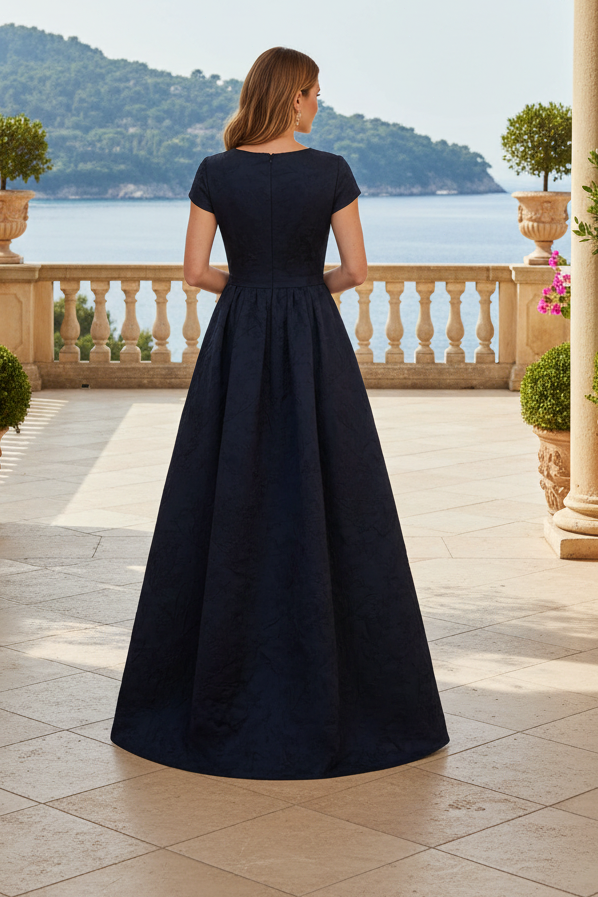 Beaded V-Neck Jacquard A-Line Gown with Pockets