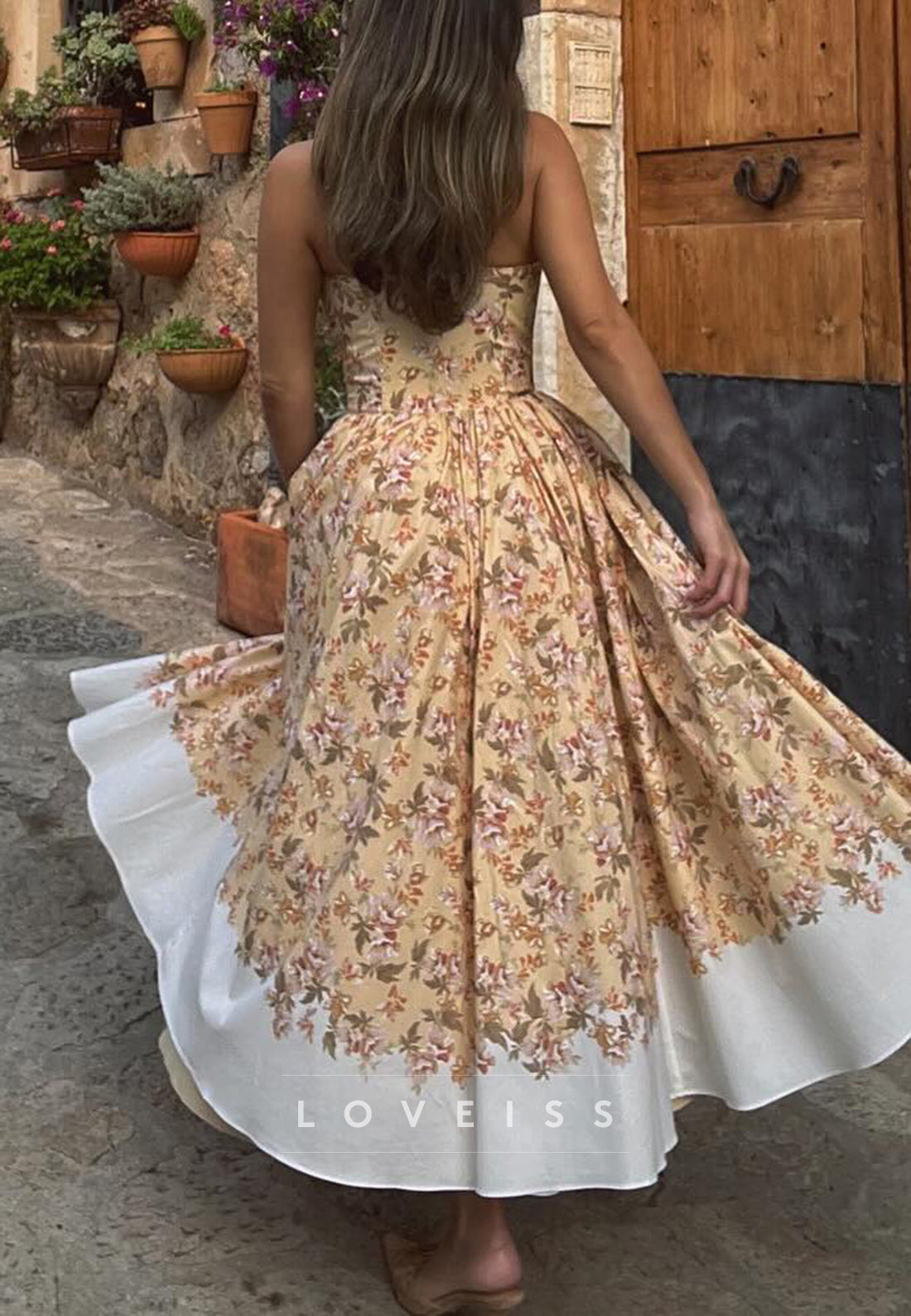 Floral Print Halter A-Line Tea-Length Dress