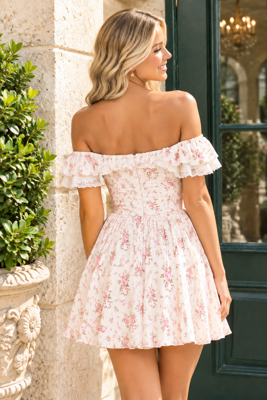 Off-the-Shoulder Floral Mini Dress with Bow