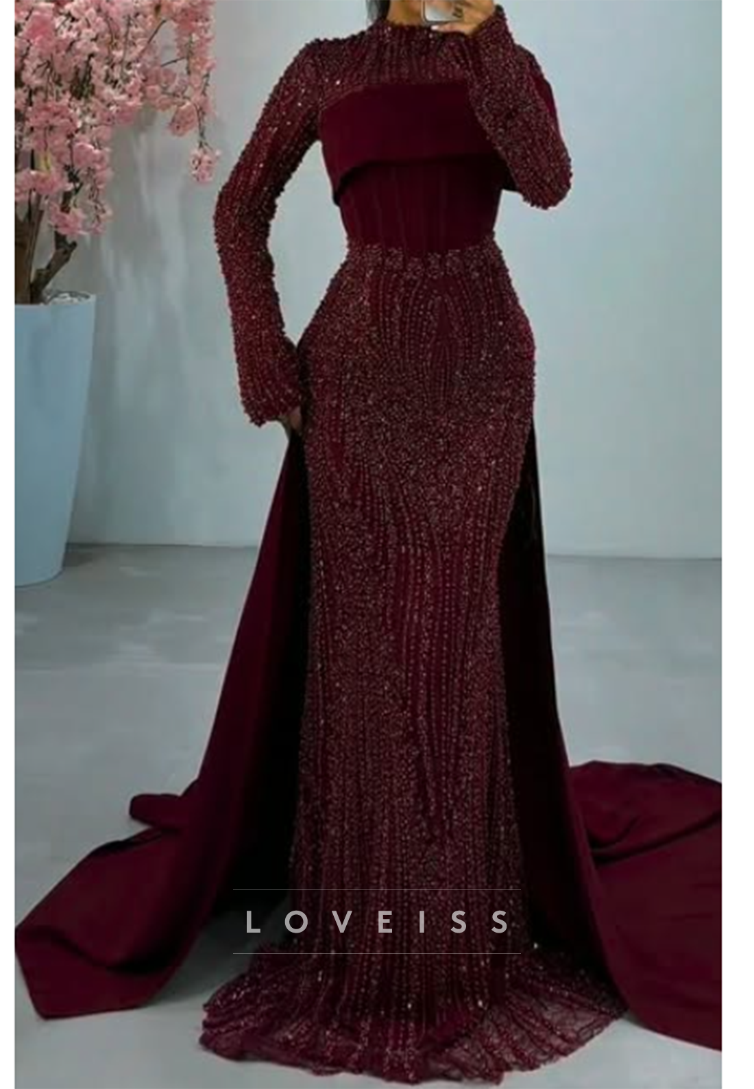 Beaded Mermaid Evening Gown with Detachable Train