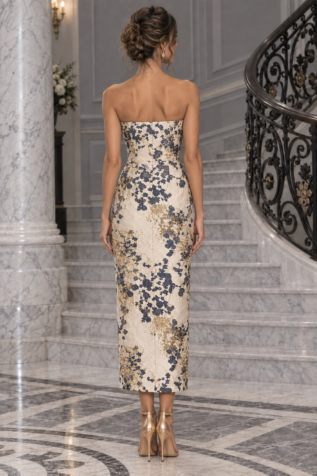 Strapless Floral Jacquard Column Midi Dress