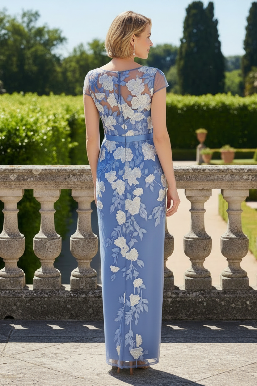Embroidered Mesh Column Gown with Satin Sash