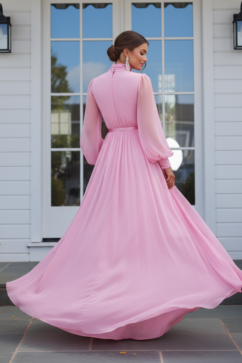 High Neck Satin A-Line Gown with Puff Sleeves