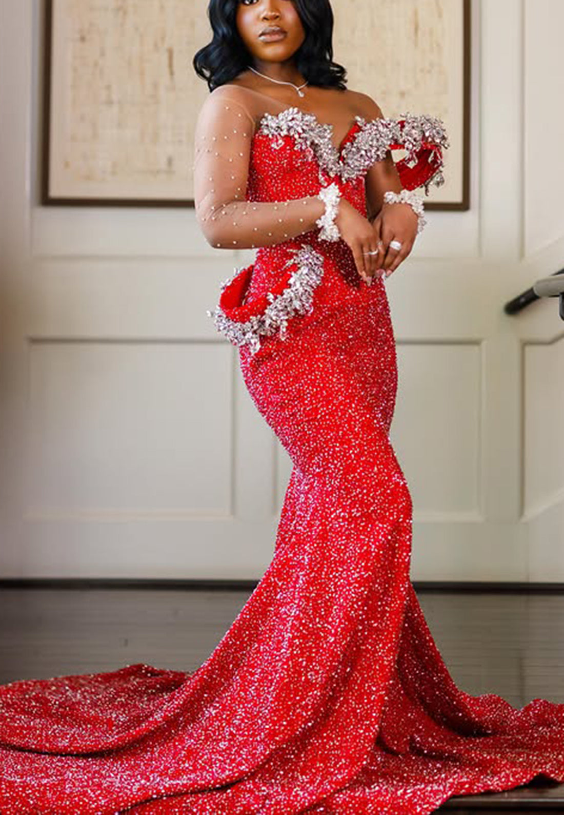Beaded Mermaid Gown with Crystal Trim