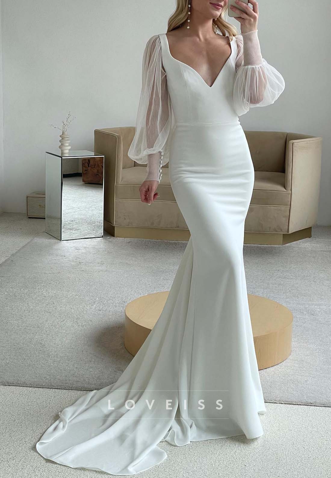 Deep V-Neck Mermaid Wedding Dress with Sheer Sleeves