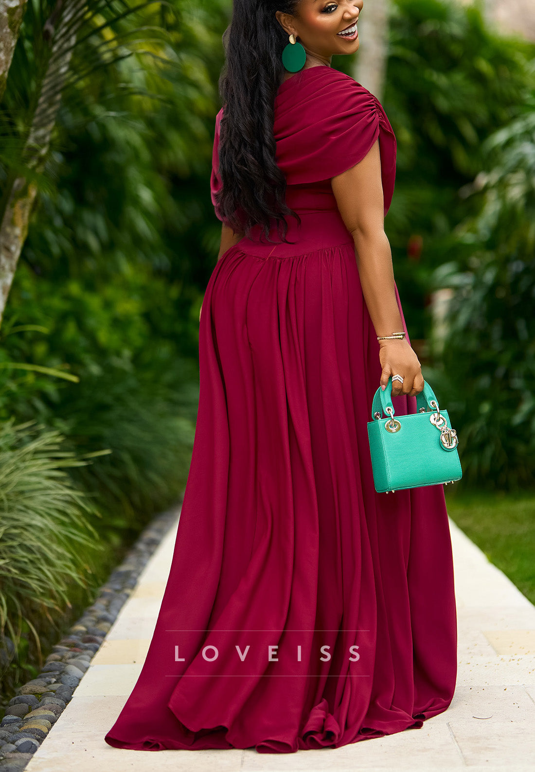 Draped One-Shoulder Maxi Dress with Ruched Sleeve