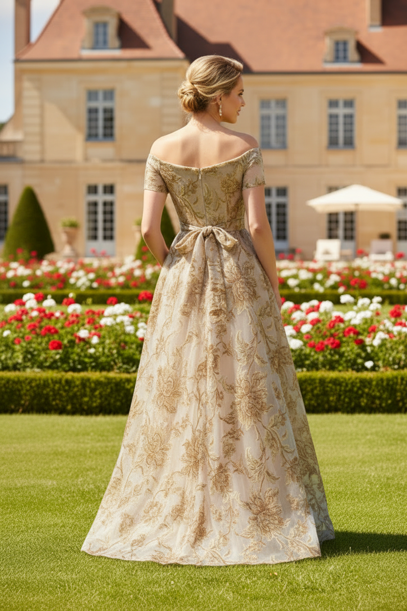 Off-the-Shoulder Floral Jacquard A-Line Gown