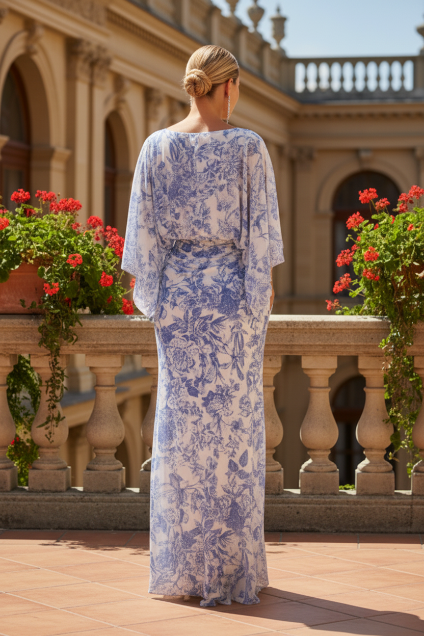 Elegant Floral Cape Sleeve Maxi Dress