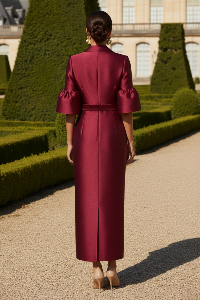 Lapel Collar Column Dress with Bell Sleeves & Belt