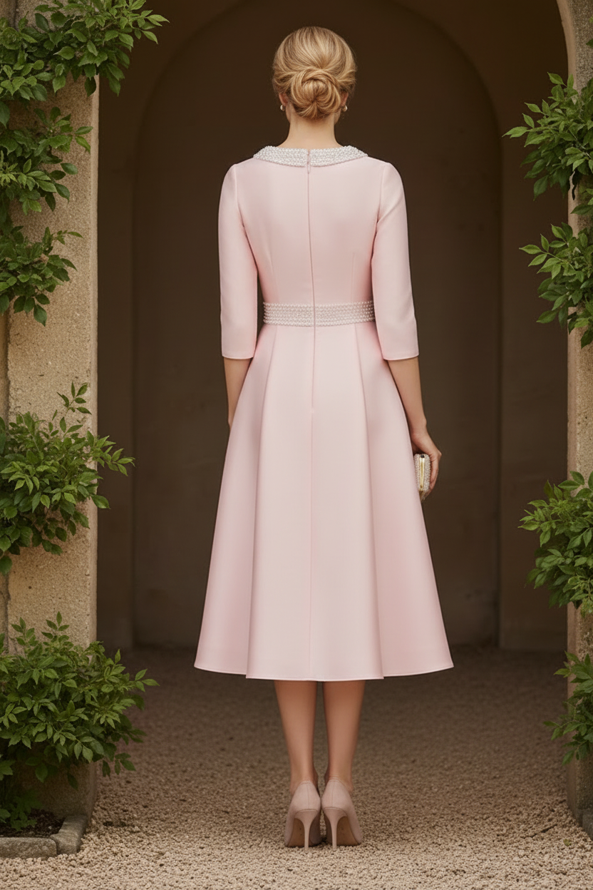 Elegant Pearl-Embellished Midi A-Line Dress