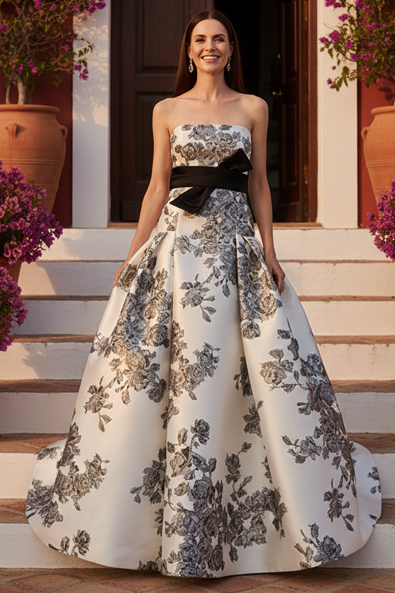 Strapless Floral Ball Gown with Sash Waistband