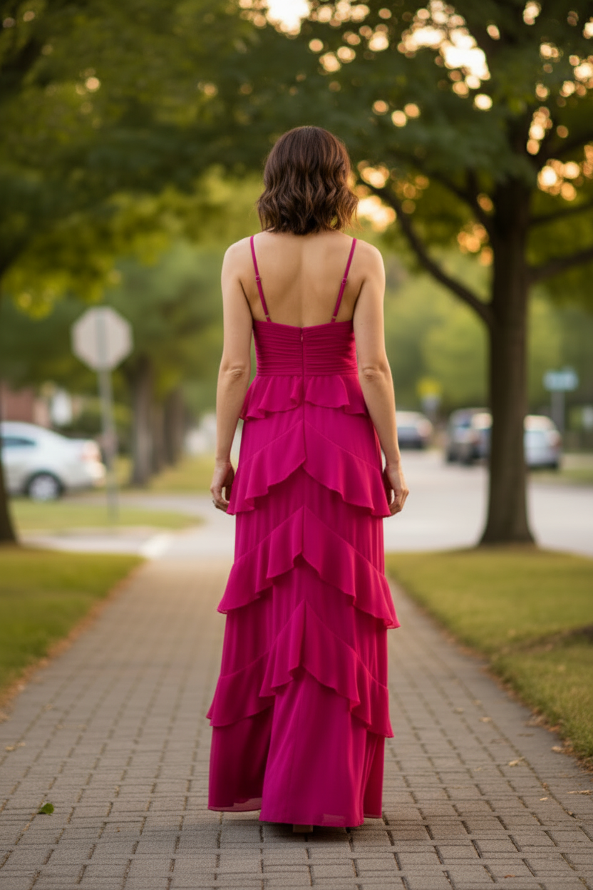 Tiered Ruffle Chiffon Maxi Dress with Ruched Bodice