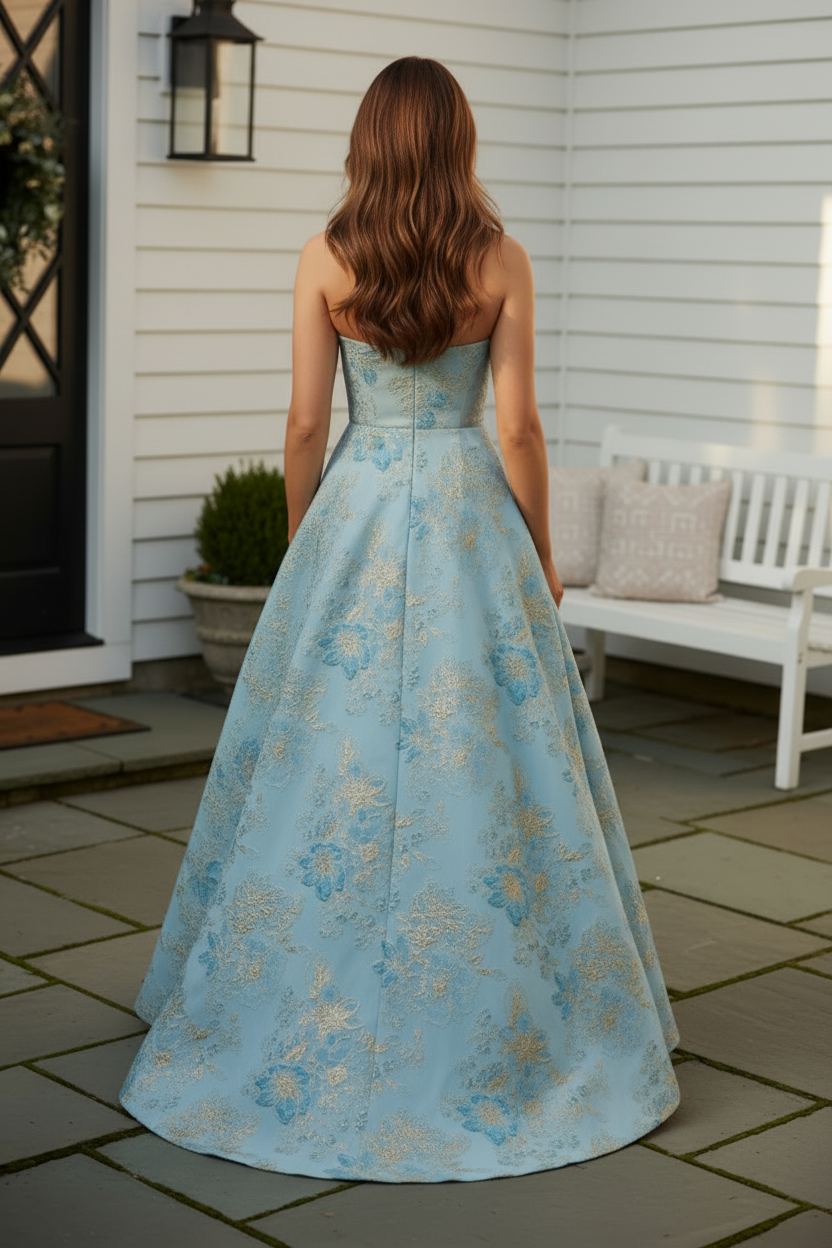 Strapless Metallic Floral Brocade A-Line Gown