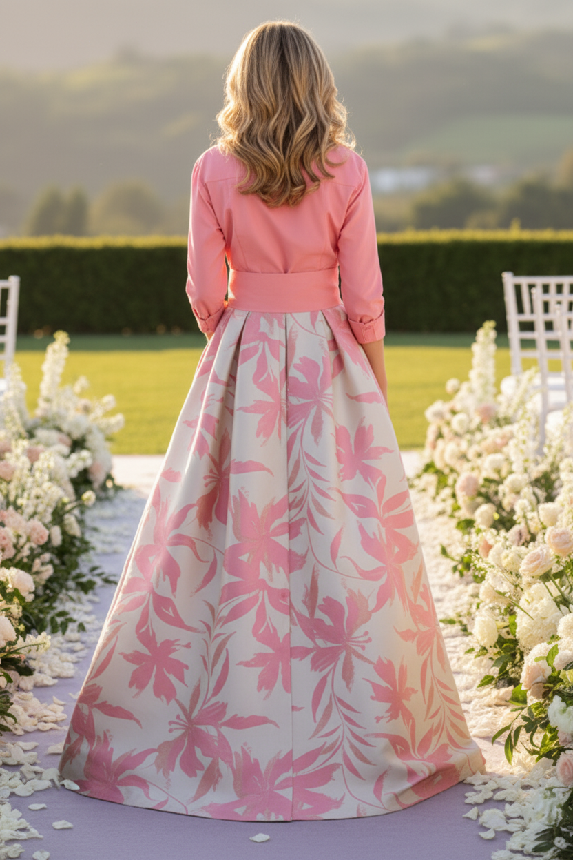 Collared Shirtdress Gown with Floral Full Skirt