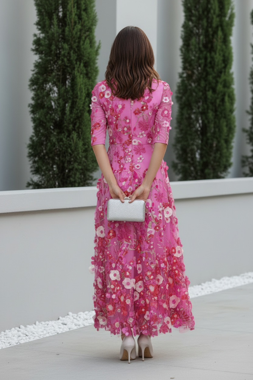 3D Floral Embroidered A-Line Midi Dress
