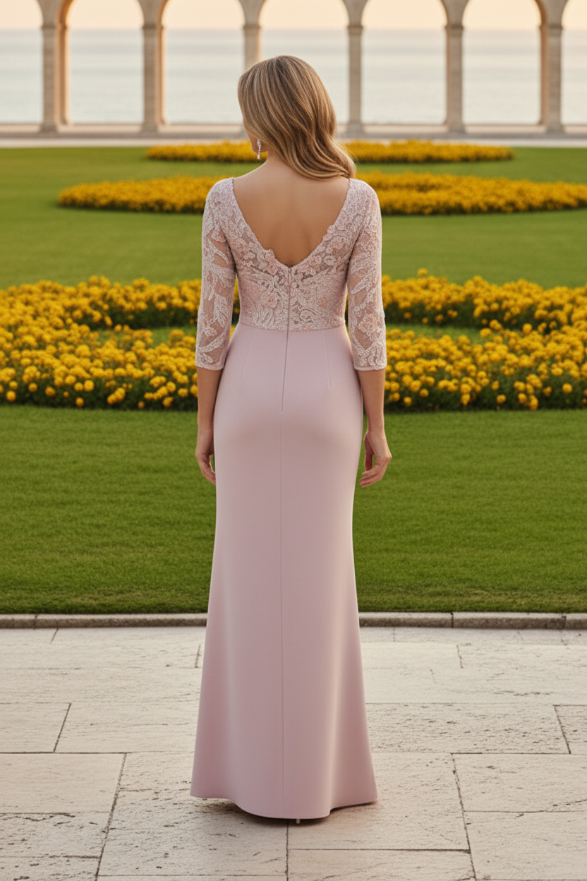 Lace Applique 3/4 Sleeve Mother of the Bride Gown
