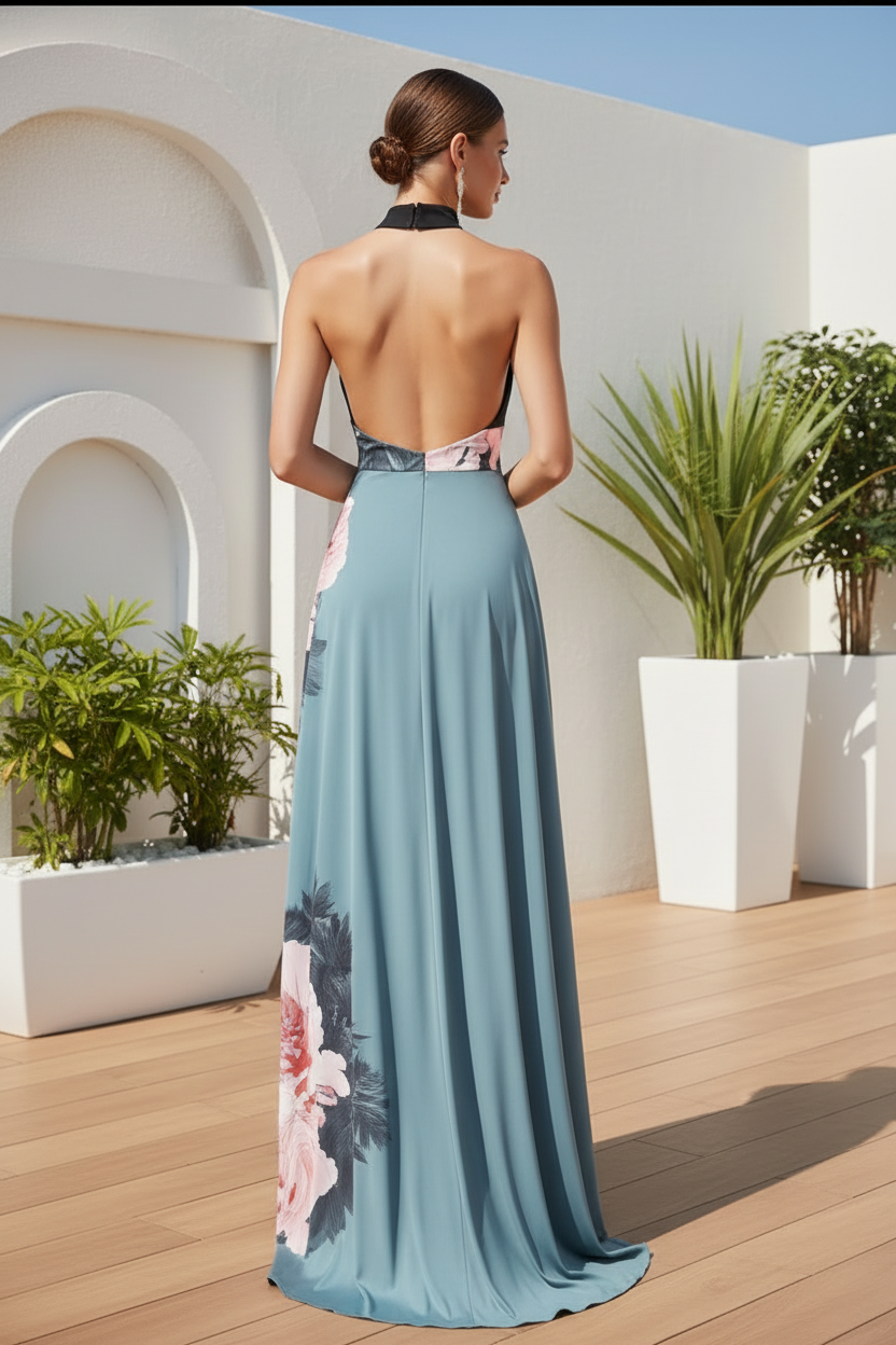 Floral Halter High Slit Evening Gown