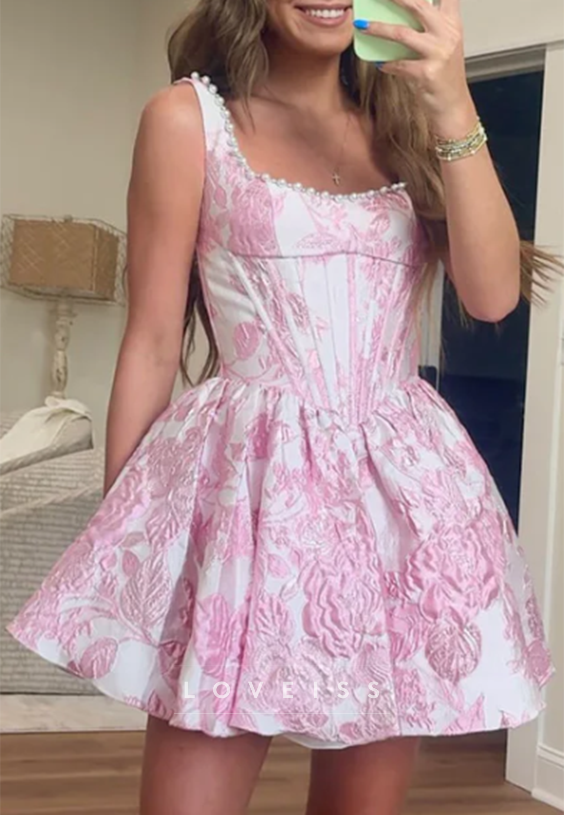 Floral Jacquard Corset Mini Dress with Pearl Trim