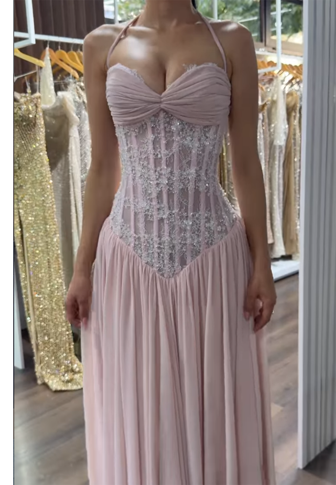 Halter Corset Bodice Pleated Maxi Evening Gown