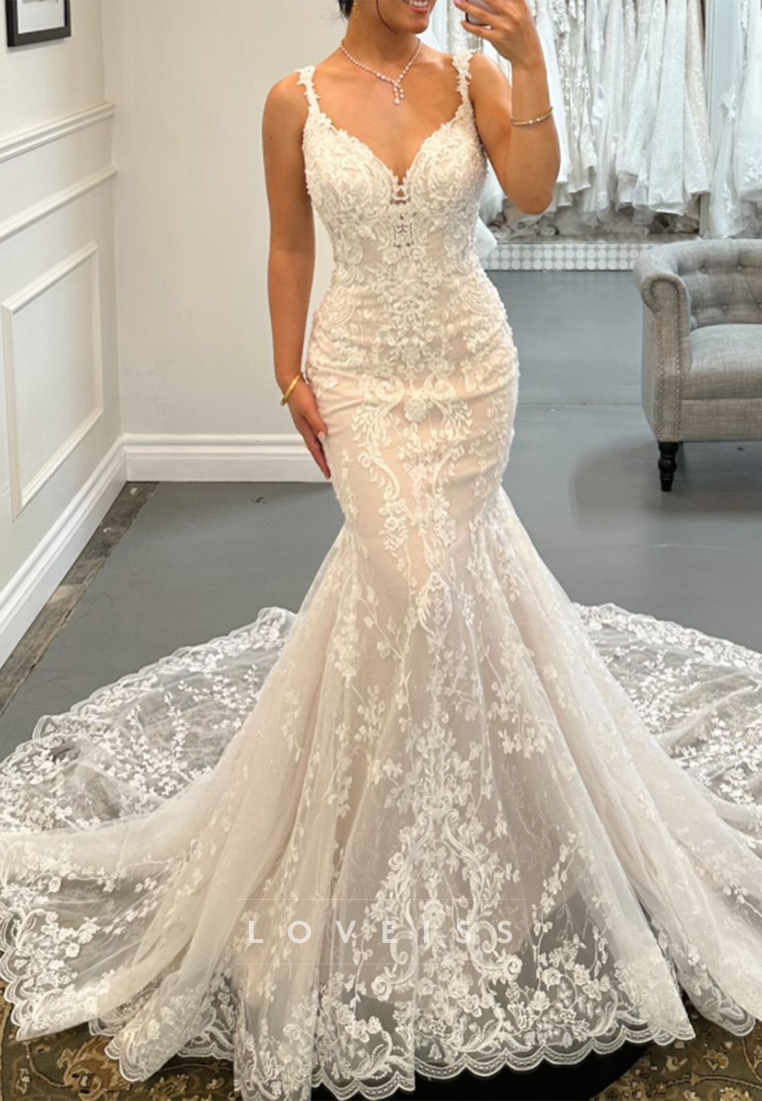 Lace Applique Mermaid Wedding Dress with Train