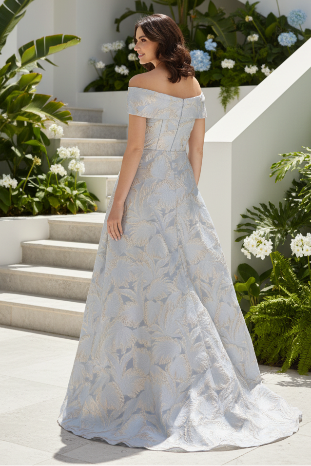Off-the-Shoulder Jacquard Gown with Overskirt