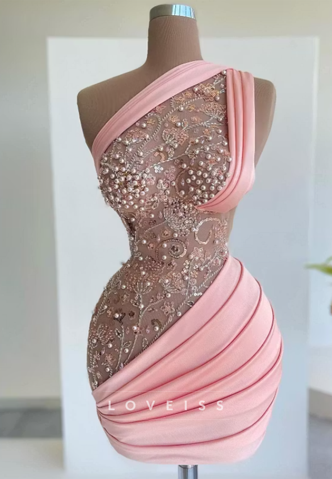 One Shoulder Pearl Beaded Mini Dress