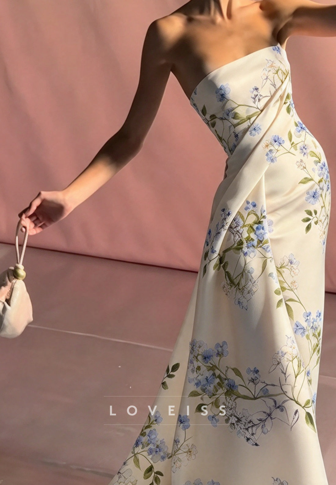 Strapless Floral Print Draped Evening Gown