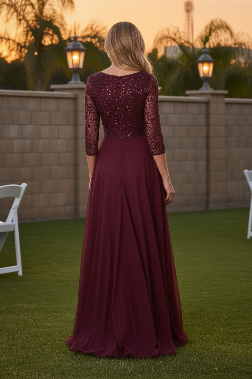 Beaded Bodice Tulle A-Line Gown with 3/4 Sleeves