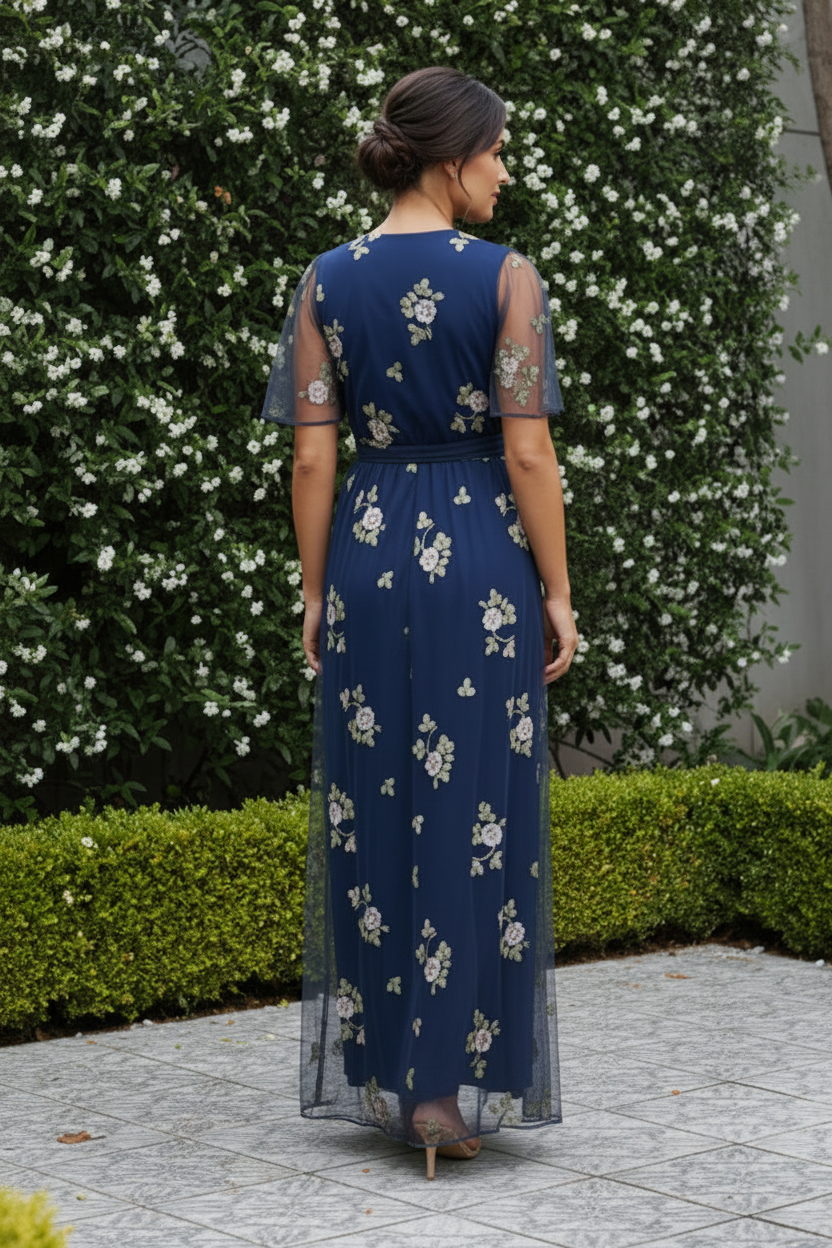 Floral Embroidered Flutter Sleeve Maxi Dress