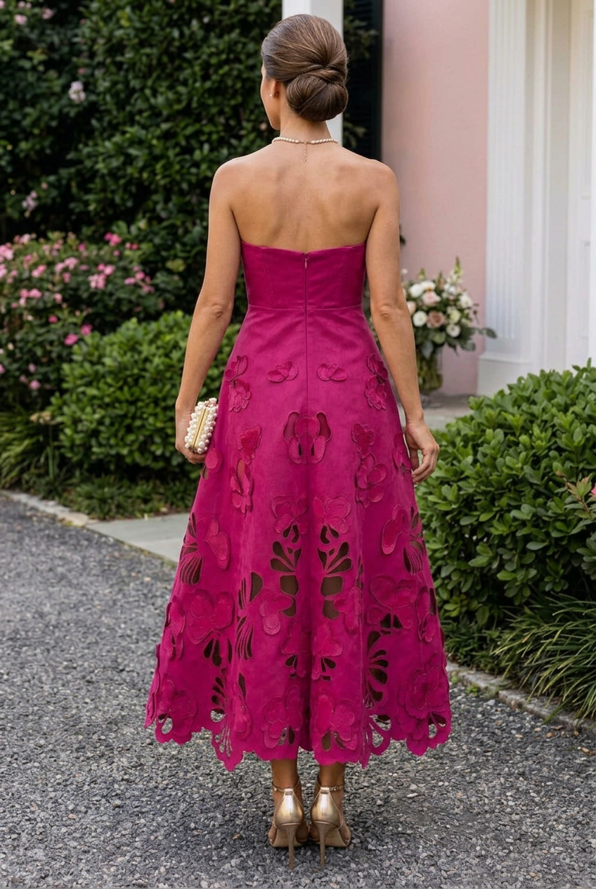 Strapless Floral Applique Cut-Out A-Line Midi Dress