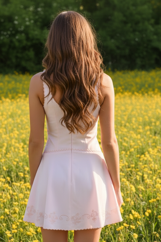 Embroidered Corset Mini Dress with Scalloped Trim