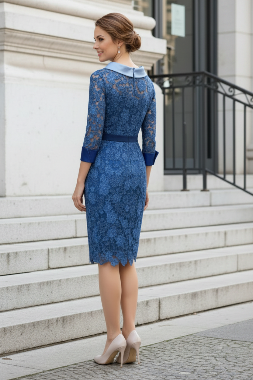 Bateau Neck Lace Midi Dress with Satin Details