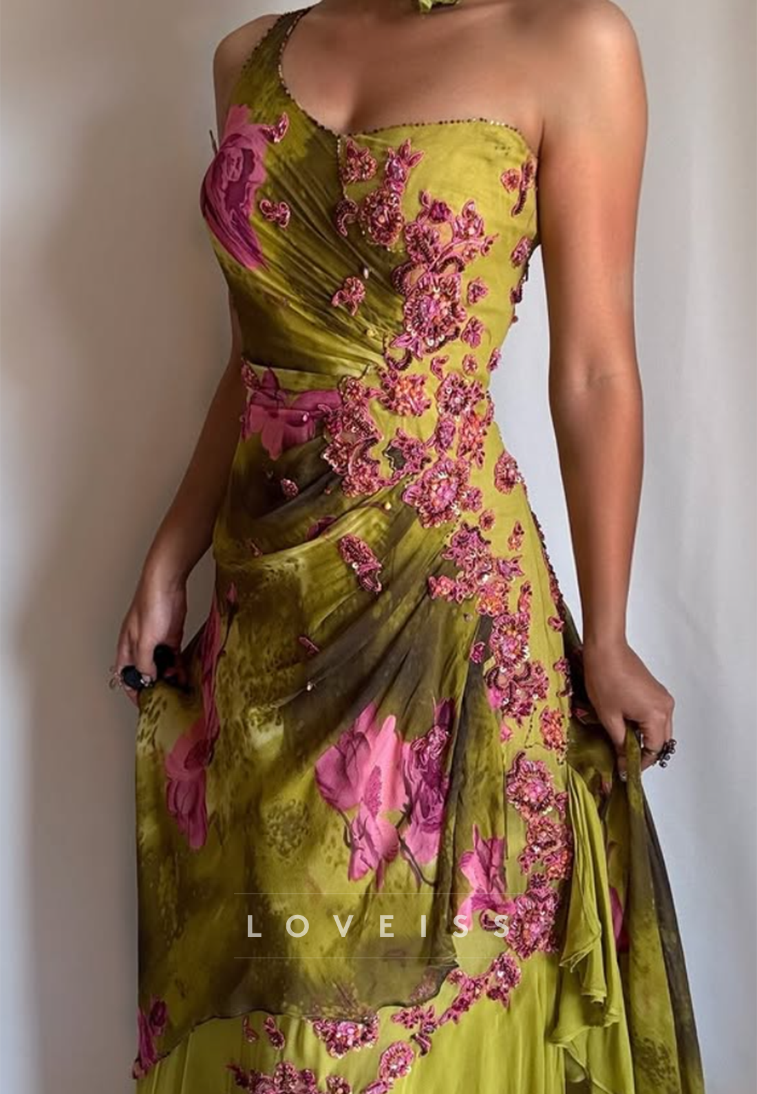 One-Shoulder Floral Applique Evening Gown