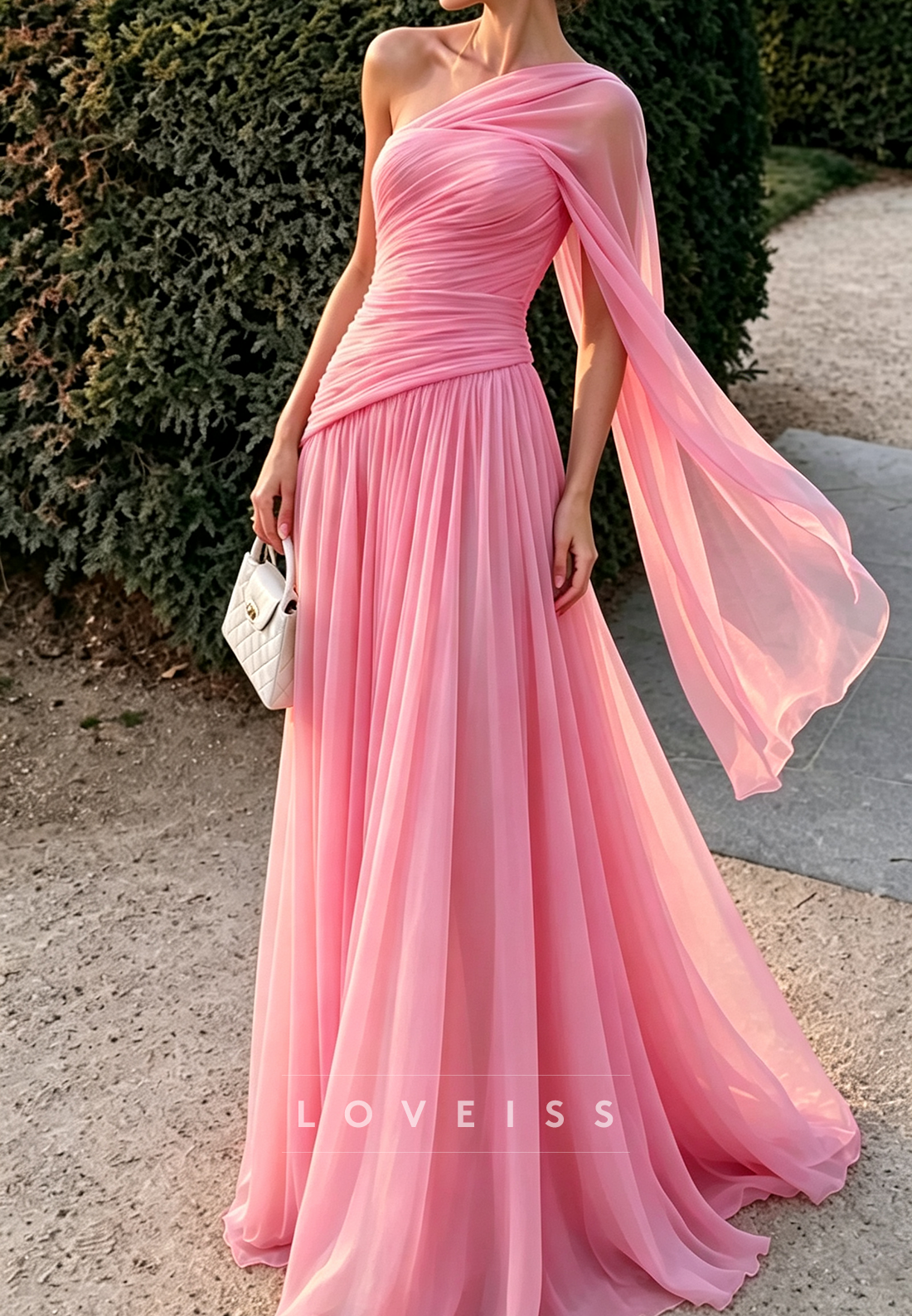 One Shoulder Chiffon A-Line Evening Gown with Cape Sleeve