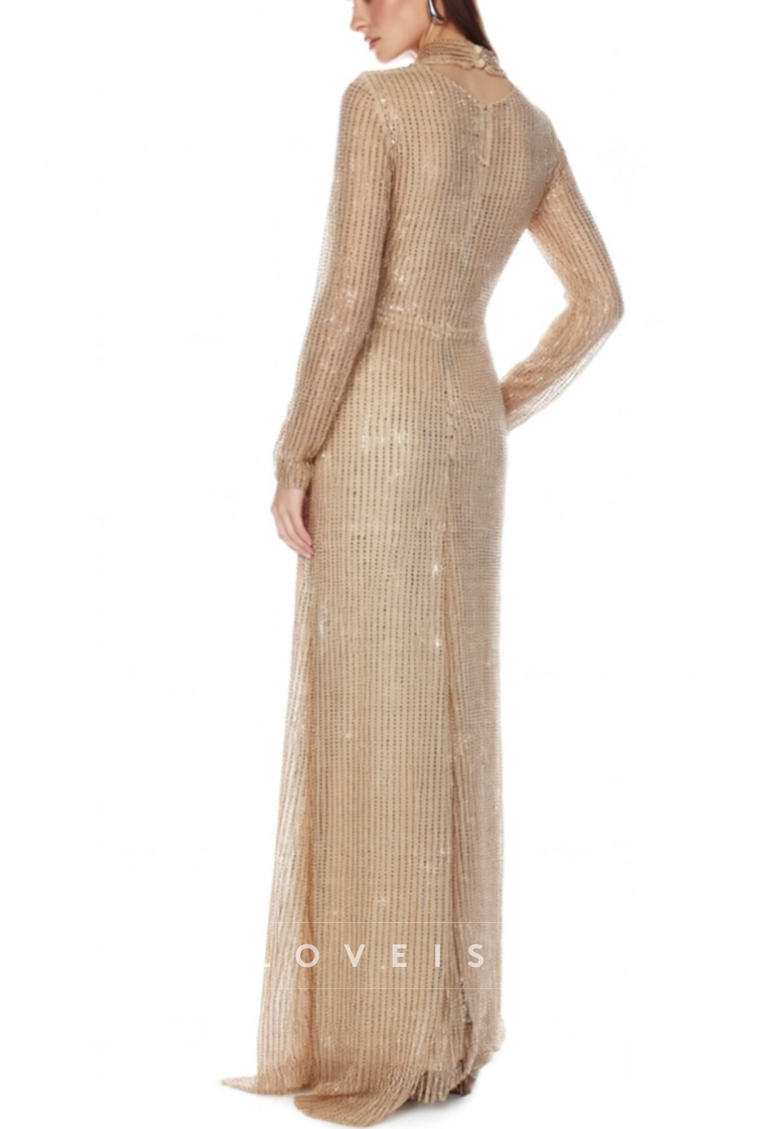 Long Sleeve Deep V Sequin Ruched Slit Gown