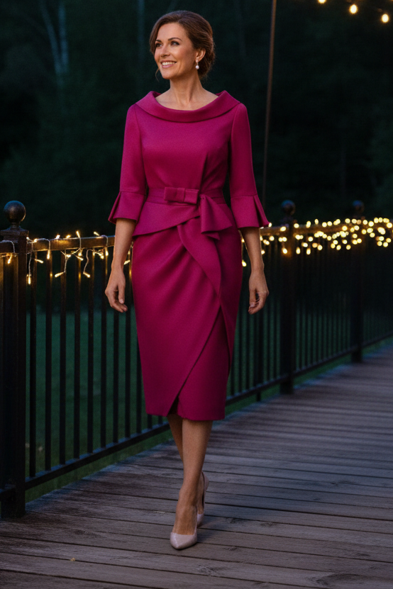 Portrait Collar Midi Dress with Bow Belt