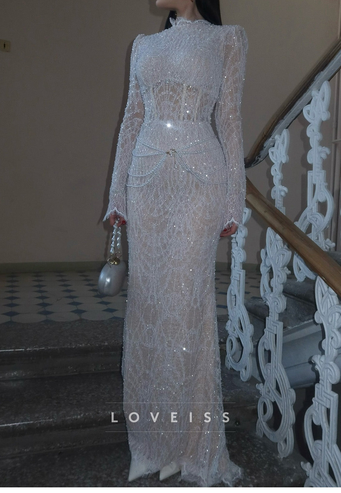 Sequin Lace High Neck Gown with Corset Bodice