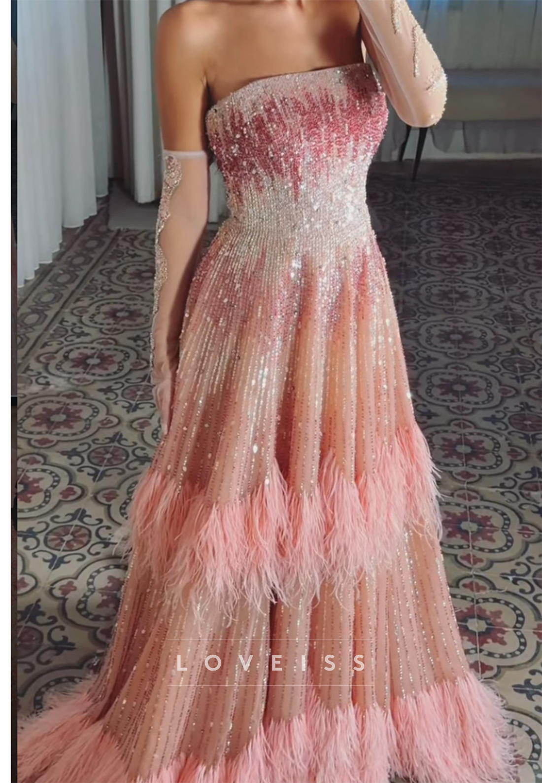 Strapless Ombre Sequin Gown with Tiered Feathers