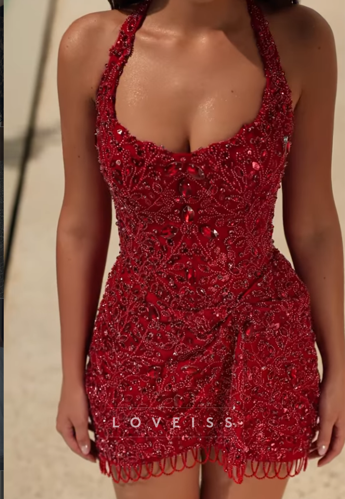 Rhinestone Beaded Halter Mini Dress with Fringe Hem